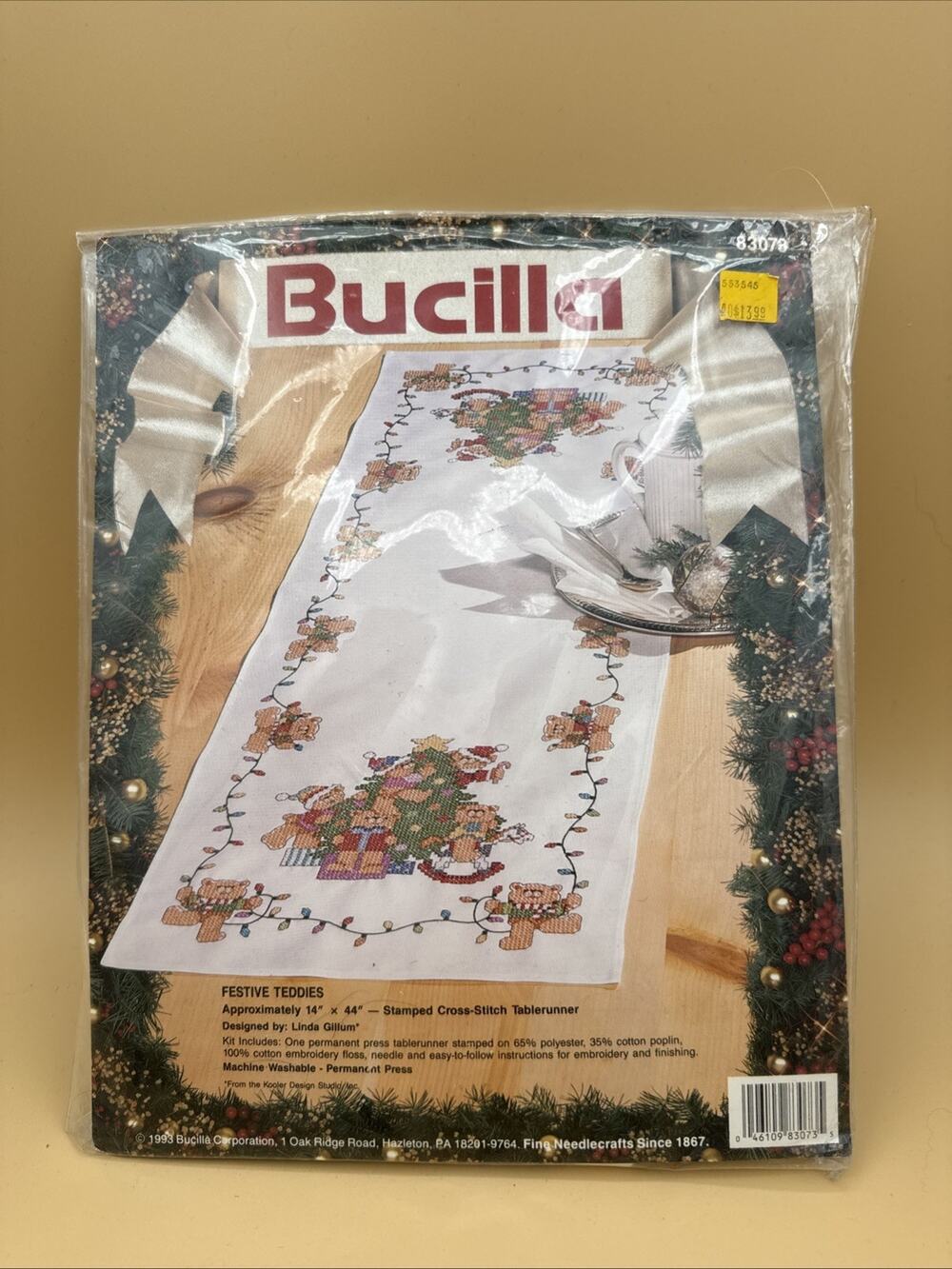 Bucilla Festive Teddies 93 Stamped Cross Stitch Table Runner 83073 Christmas C08